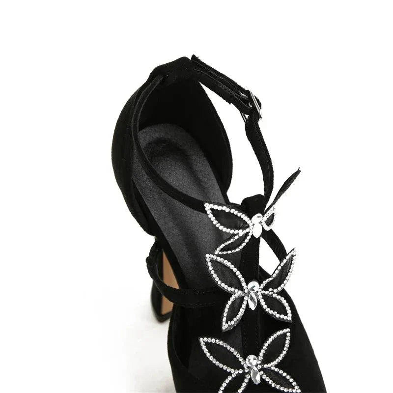 VougeVamp Crystal Rhinestone Butterfly Platform Pumps - Round Toe High Heel Dress Shoes for Women