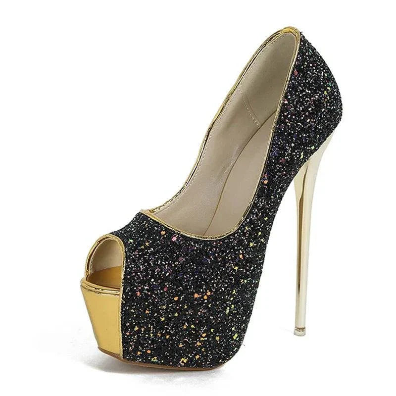 VougeVamp Women’s Sequined Peep-Toe Platform Pumps – Extreme High Heels for Parties, Nightclubs, and Weddings