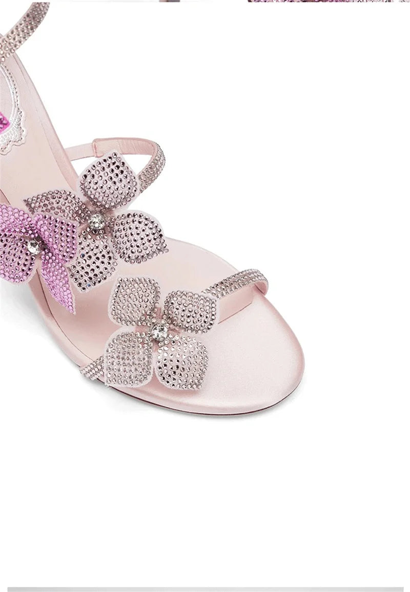 VougeVamp Crystal Flower Ankle Strap Sandals – Elegant Open-Toe Stiletto High Heels for Parties & Banquets