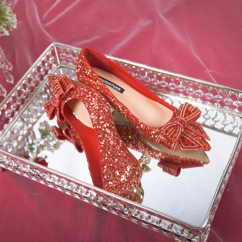 VougeVamp Handmade Crystal Bow Bridal Pumps – Glitter High Heels for Weddings & Parties