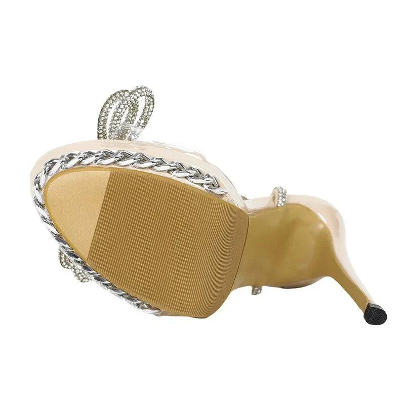 VougeVamp Crystal Bowknot Transparent Sandals - Silver Chain High Heel Platform Shoes for Women