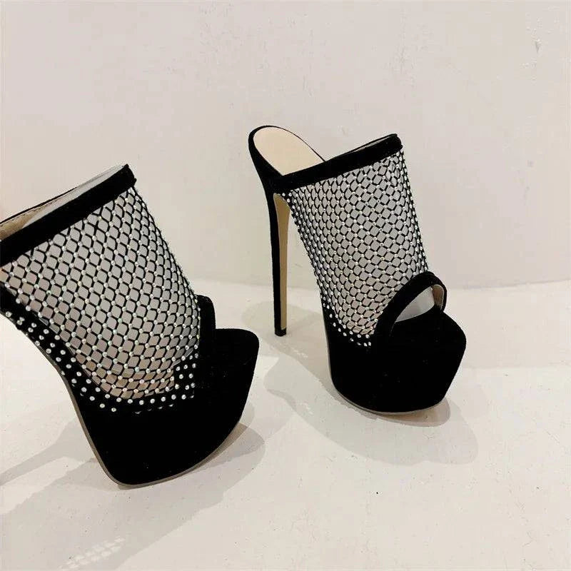 VougeVamp Crystal Mesh Platform Slippers - Peep Toe High Heel Party Shoes for Women in Black