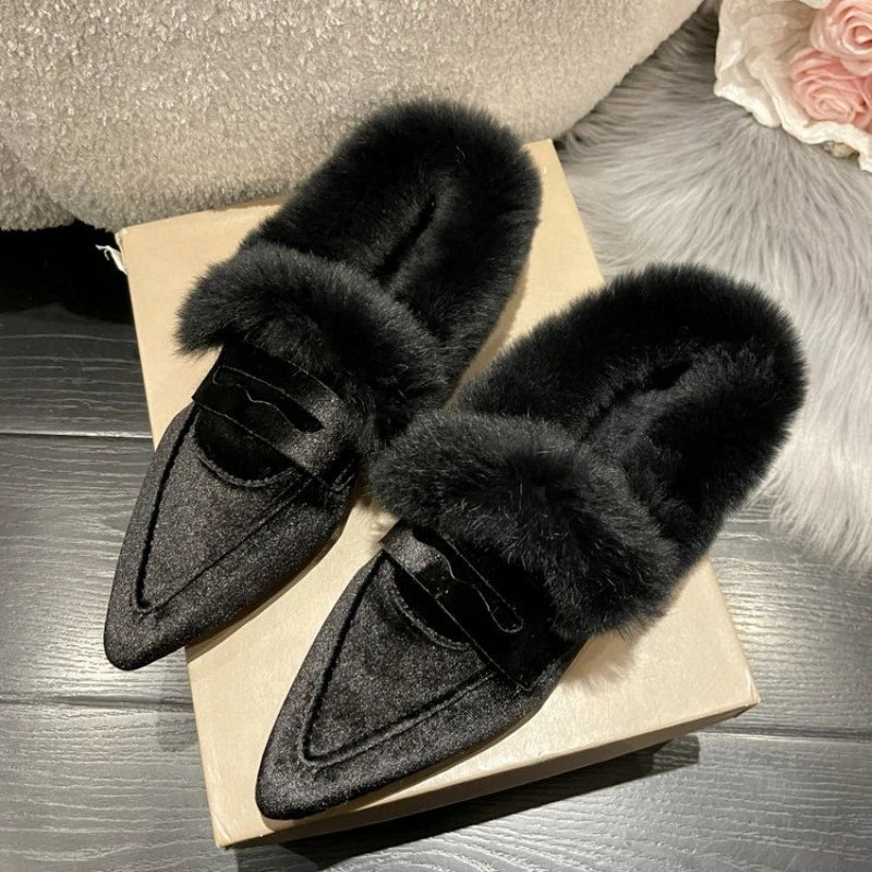 VougeVamp Women's Thick Fur Winter Slippers – Warm Plush Platform Heel Home Shoes