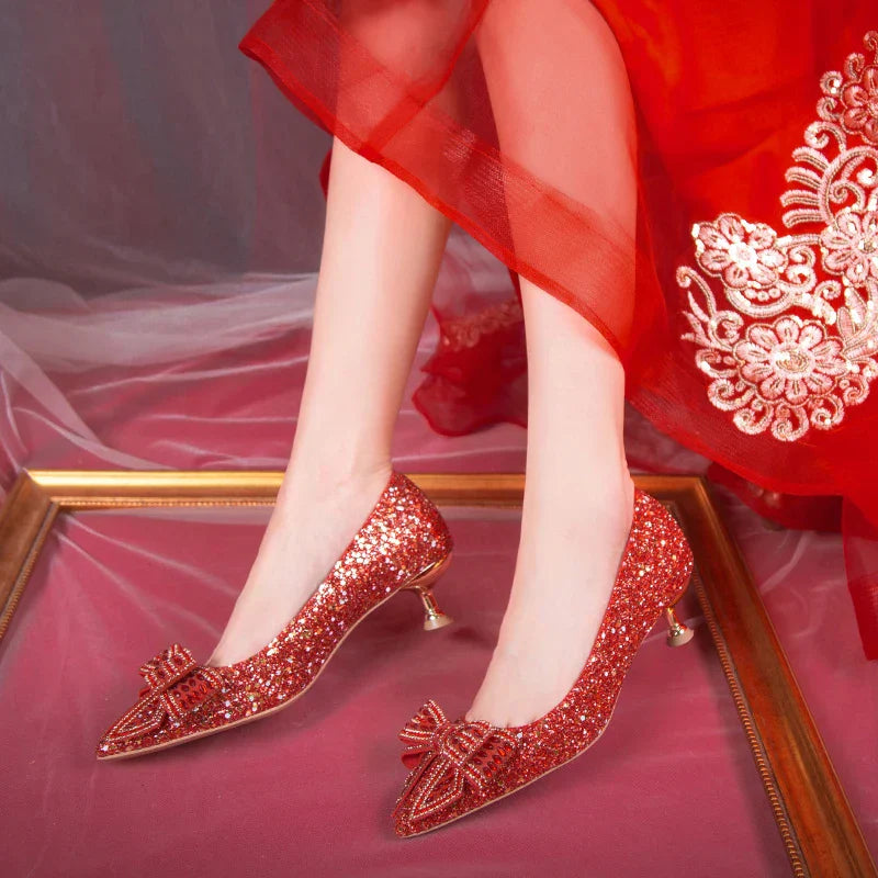 VougeVamp Handmade Crystal Bow Bridal Pumps – Glitter High Heels for Weddings & Parties