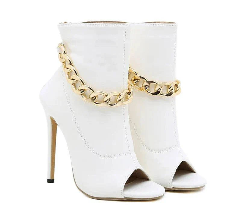 VougeVamp White Leather Ankle Sandal Boots - Peep Toe High Heel Pumps with Metal Chain