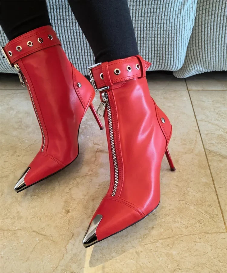 Handmade Women's Red High-Heeled Ankle Boots with Belt Buckle, Front Zipper, Pointed Toe, and Metallic Accent - VougeVampUK