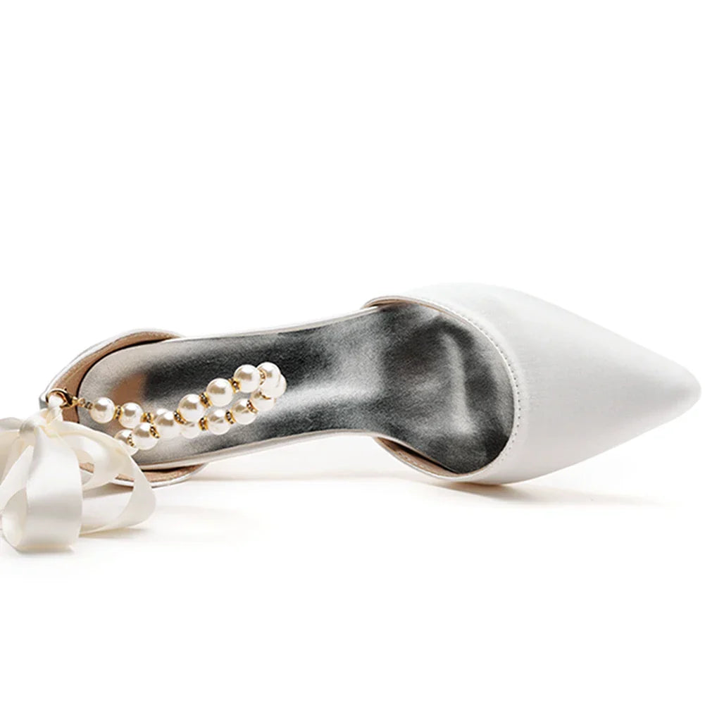 VougeVamp Handmade Silk Beaded Bridal Pumps – Pointed Toe Buckle Strap Sandals with Thick High Heels