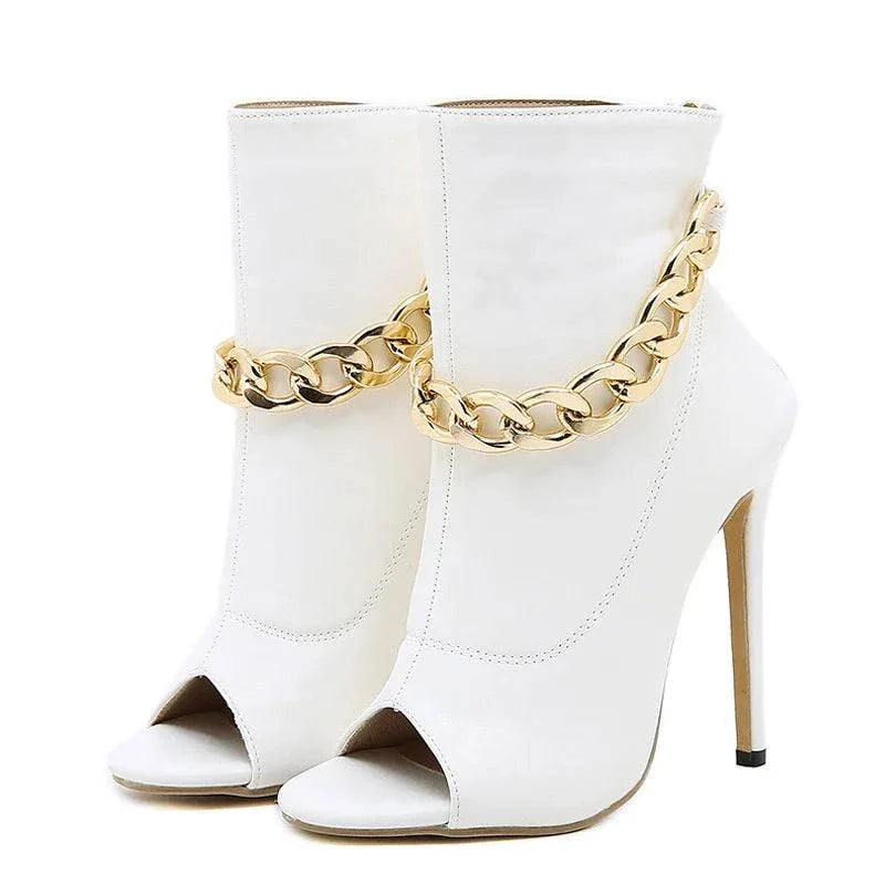 VougeVamp White Leather Ankle Sandal Boots - Peep Toe High Heel Pumps with Metal Chain