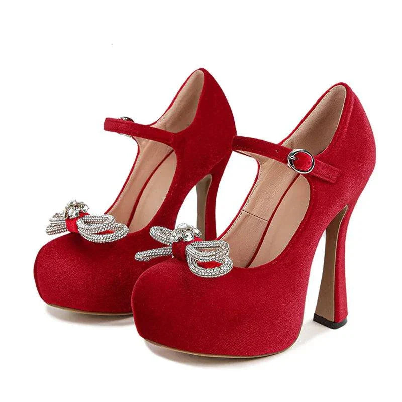 VougeVamp Rhinestone Crystal Bowknot Platform Pumps - Round Toe 13CM High Heel Wedding Shoes for Women