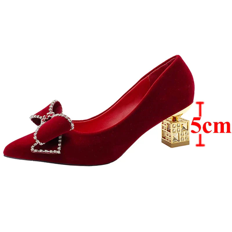 VougeVamp Red Bowtie Crystal High Heel Pumps – Elegant Slip-On Bridal & Party Shoes