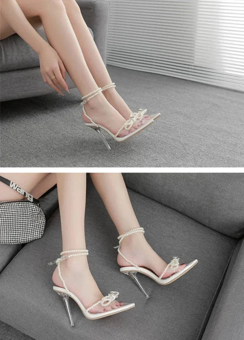 VougeVamp White String Bead Transparent Sandals - Pointed Toe High Heel Party Shoes for Women