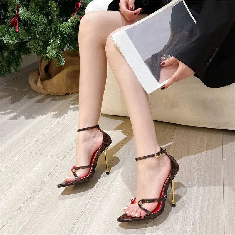 VougeVamp Gold Silver Ankle Cover Strap Sandals - Pointed Open Toe High Heel Party Shoes for Women