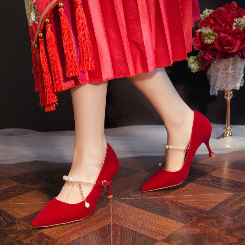 Women's Suede Pointed Toe High Heels – Elegant Embroidered Bridal & Banquet Pumps with Metal Detail