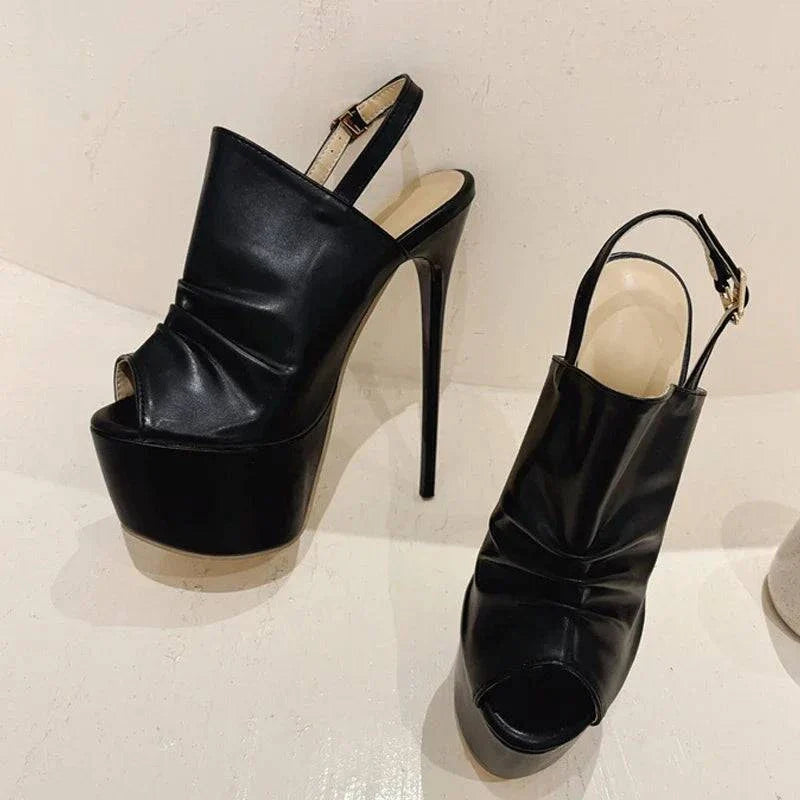 VougeVamp Black Pleated Platform Sandals - Peep Toe High Heel Party Shoes for Women