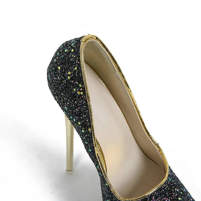 VougeVamp Women’s Sequined Peep-Toe Platform Pumps – Extreme High Heels for Parties, Nightclubs, and Weddings