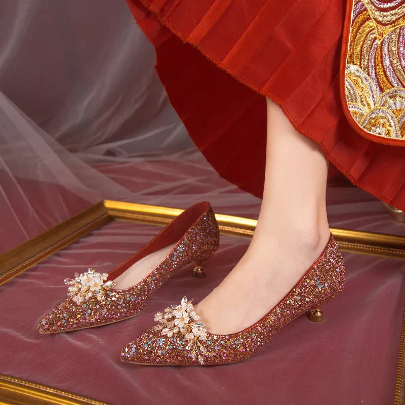 VougeVamp Pearl Flower Bridal Pumps – Elegant Bling High Heels for Weddings & Parties