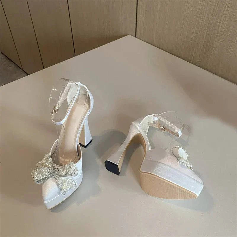 VougeVamp White Pearl Bowknot Platform Pumps - Pointed Toe High Heel Party Shoes for Women