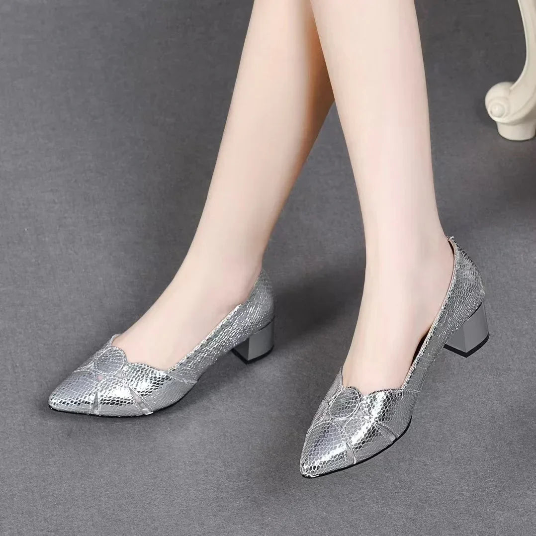 VougeVamp Women's Elegant Gold Heel Pumps – Pointed Toe Leather Bridal & Wedding Sandals