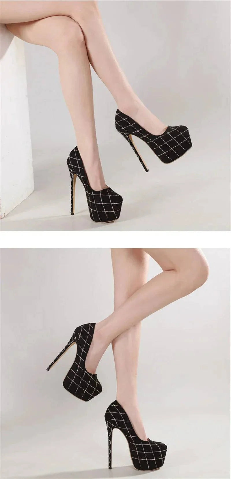 VougeVamp Women’s Catwalk Super High Heels – Crystal Rhinestone Platform Pumps for Parties and Banquets