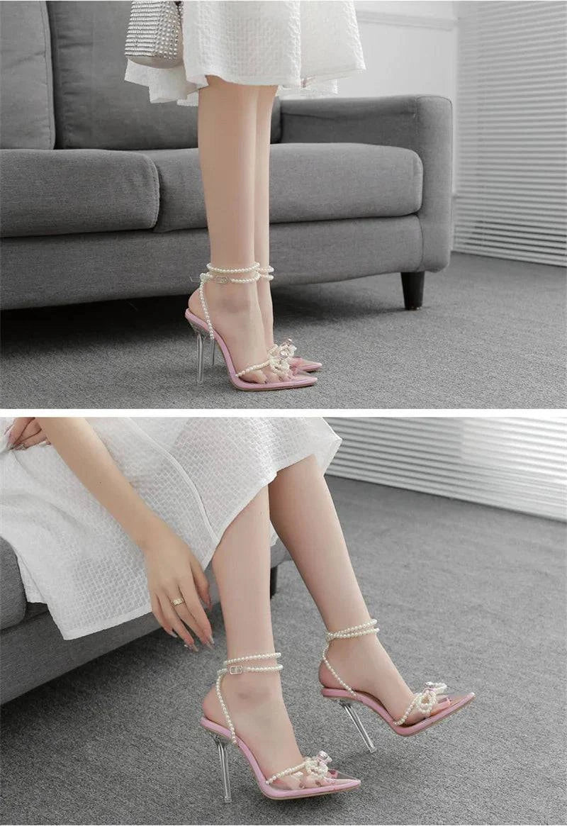 VougeVamp White String Bead Transparent Sandals - Pointed Toe High Heel Party Shoes for Women