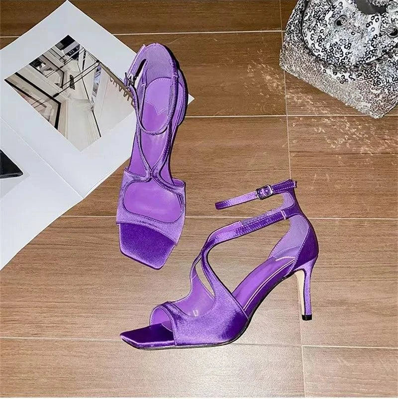 VougeVamp Pink Ankle Cover Strap Gladiator Sandals - Square Open Toe 7CM High Heel Wedding Shoes for Women