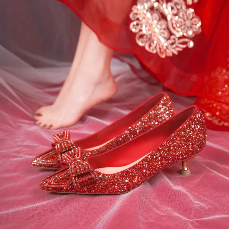 VougeVamp Handmade Crystal Bow Bridal Pumps – Glitter High Heels for Weddings & Parties
