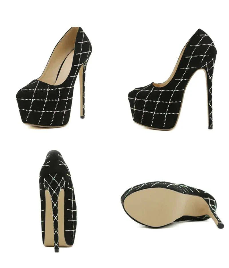 VougeVamp Women’s Catwalk Super High Heels – Crystal Rhinestone Platform Pumps for Parties and Banquets