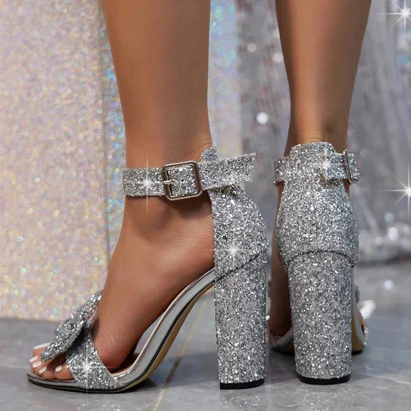 VougeVamp Sequined Bowknot Gladiator Sandals - Open Toe High Heel Party Shoes for Women in Gold and Silver