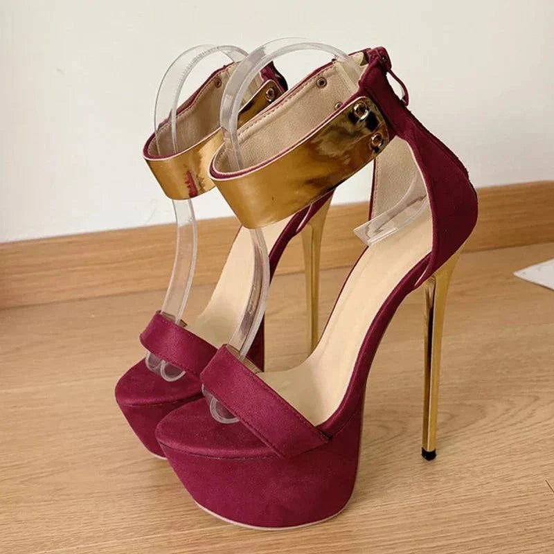 VougeVamp Metal Ankle Zip Platform Sandals - 16CM High Heel Party Shoes for Women