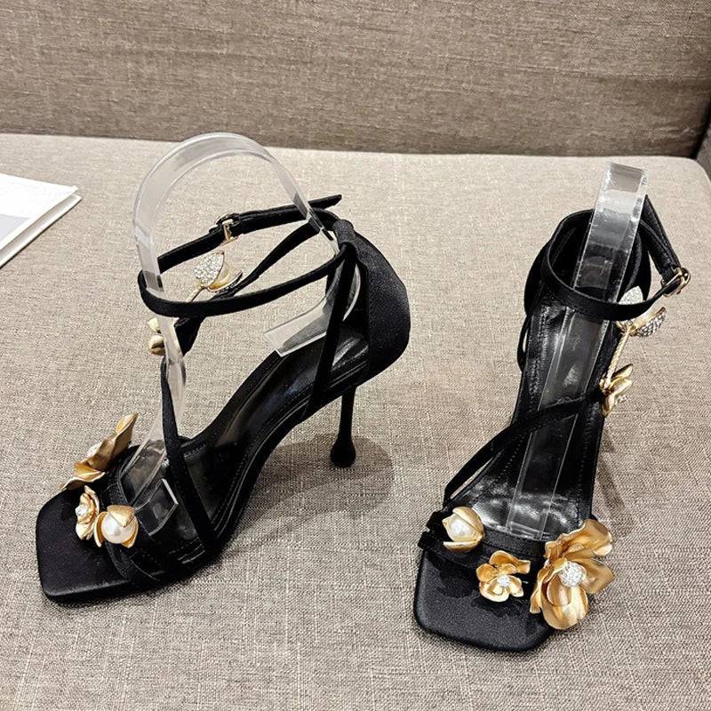 VougeVamp Gold Metal Flower Gladiator Sandals - Square Toe High Heel Party Shoes for Women