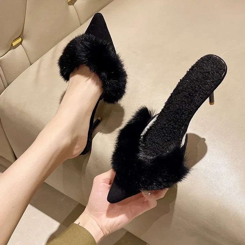 VougeVamp Women's Pointed Toe High Heel Mules – Elegant Slip-On Fur Sandals for Parties & Fashionable Wear