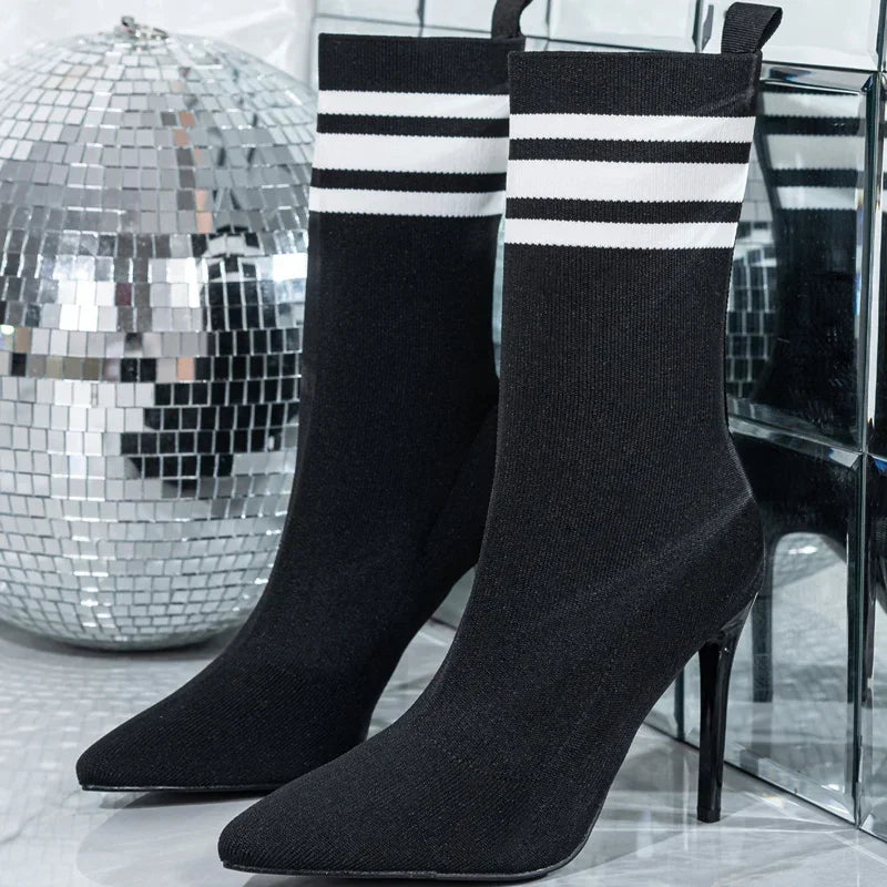 Handmade Street Style Pointed Toe Women’s Ankle Boots, Stretch Fabric Socks, Sexy Thin High Heels for Party & Prom - VougeVampUK