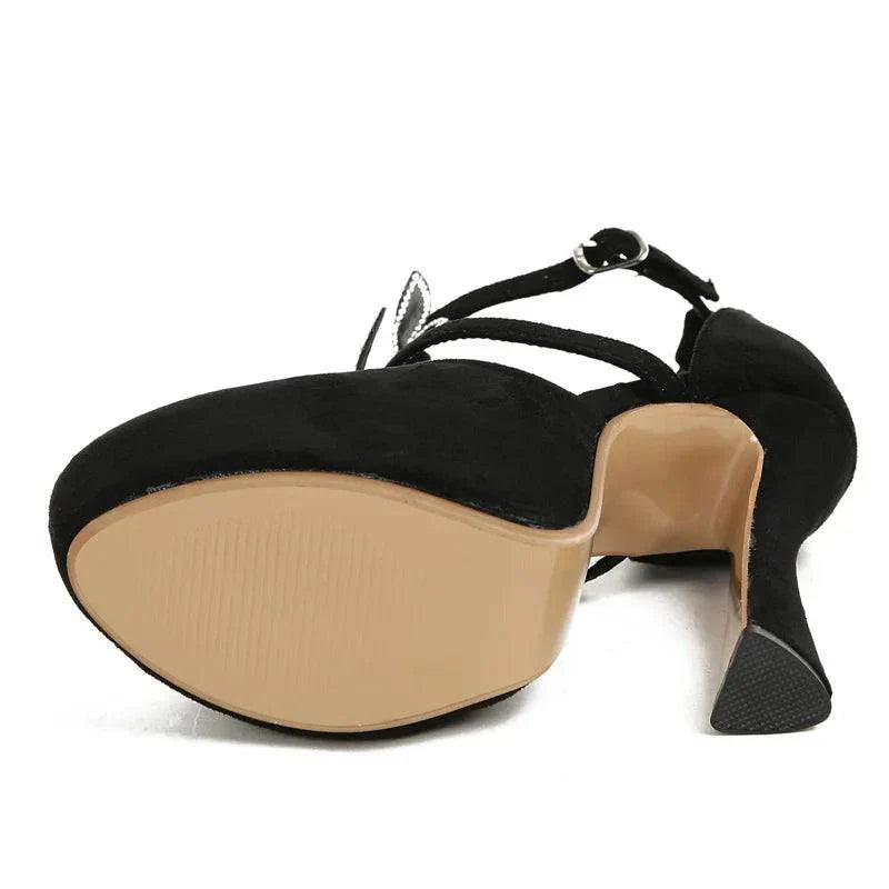 VougeVamp Crystal Rhinestone Butterfly Platform Pumps - Round Toe High Heel Dress Shoes for Women