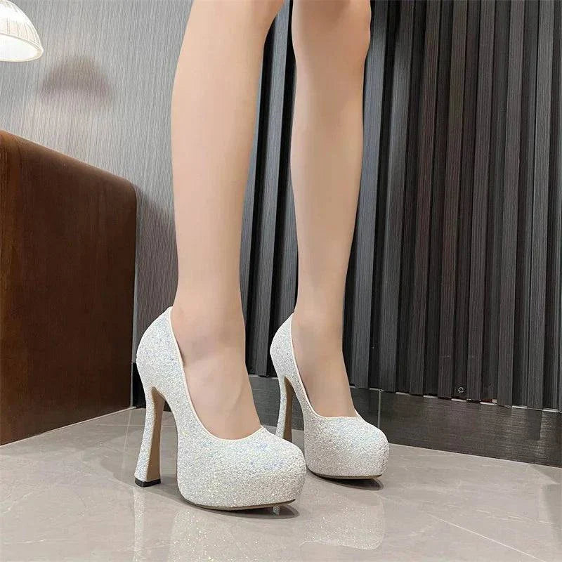 VougeVamp Sequined Cloth Platform Pumps - Round Toe High Heel Party Shoes for Women