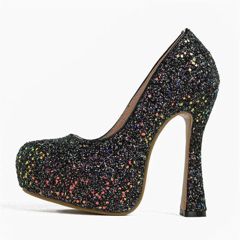 VougeVamp Sequined Cloth Platform Pumps - Round Toe High Heel Party Shoes for Women