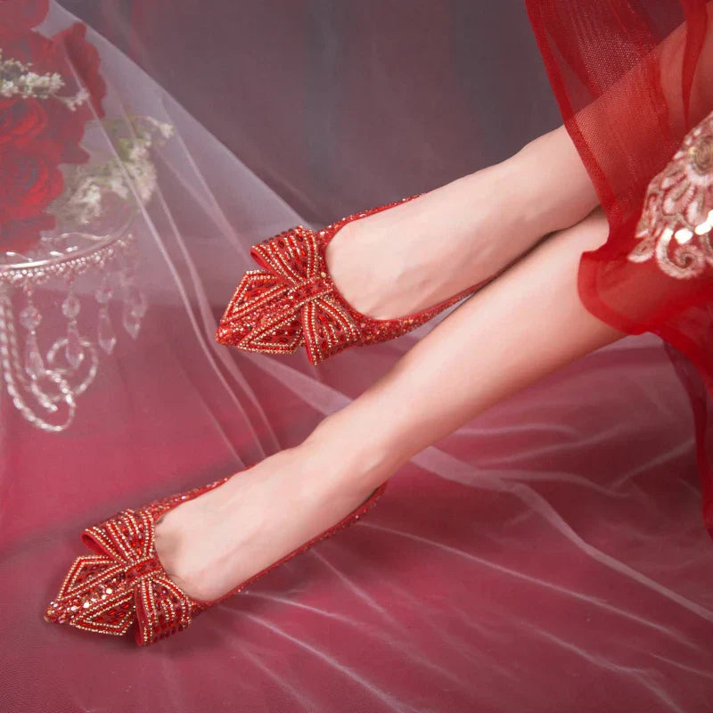 VougeVamp Handmade Crystal Bow Bridal Pumps – Glitter High Heels for Weddings & Parties