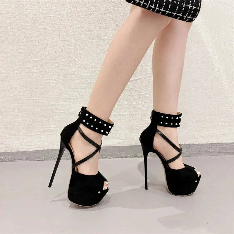 VougeVamp Women’s Metal Rivet Ankle Zip Platform Pumps – Sexy Peep-Toe High Heels for Parties and Pole Dancing