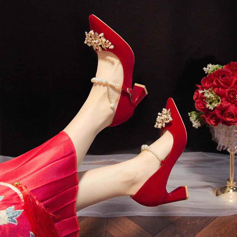 Women's Suede Pointed Toe High Heels – Elegant Embroidered Bridal & Banquet Pumps with Metal Detail