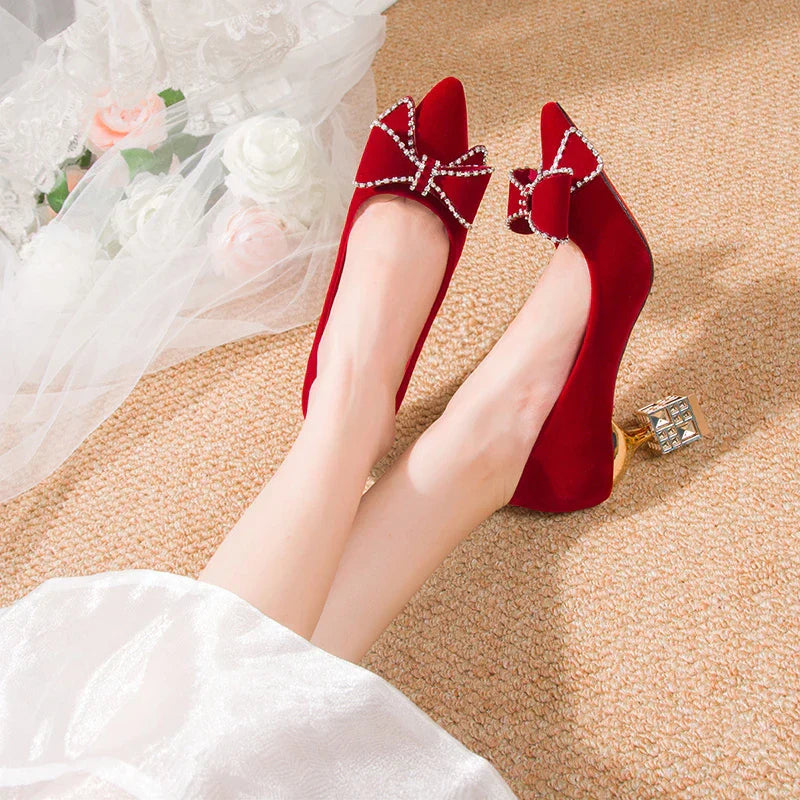 VougeVamp Red Bowtie Crystal High Heel Pumps – Elegant Slip-On Bridal & Party Shoes