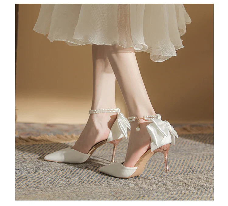 VougeVamp Pearl Butterfly High Heels – Elegant Pointed Toe Hollow Sandals for Weddings & Special Occasions