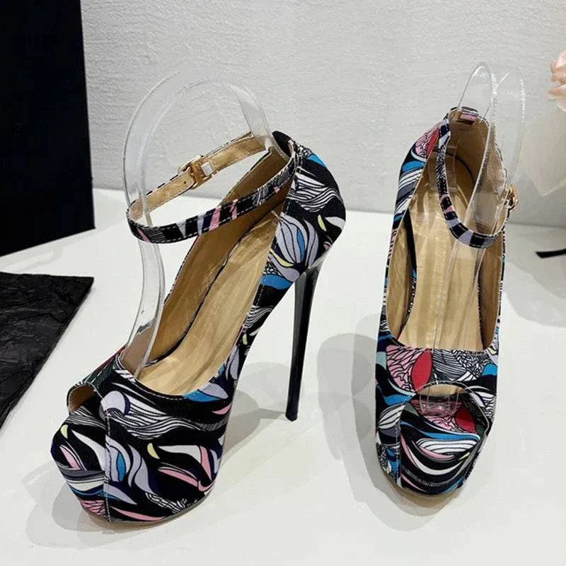 VougeVamp Hand-Painted Platform Pumps - Peep Toe High Heel Party Shoes for Women
