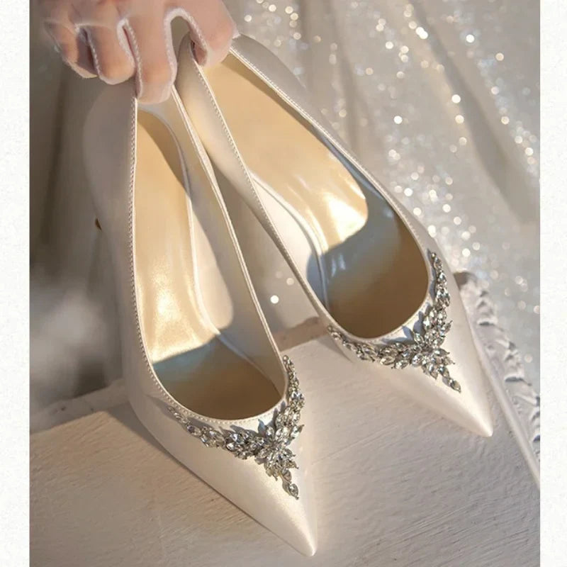 VougeVamp White Silk Satin Bridal Heels – Rhinestone Crystal Stiletto Pumps for Weddings