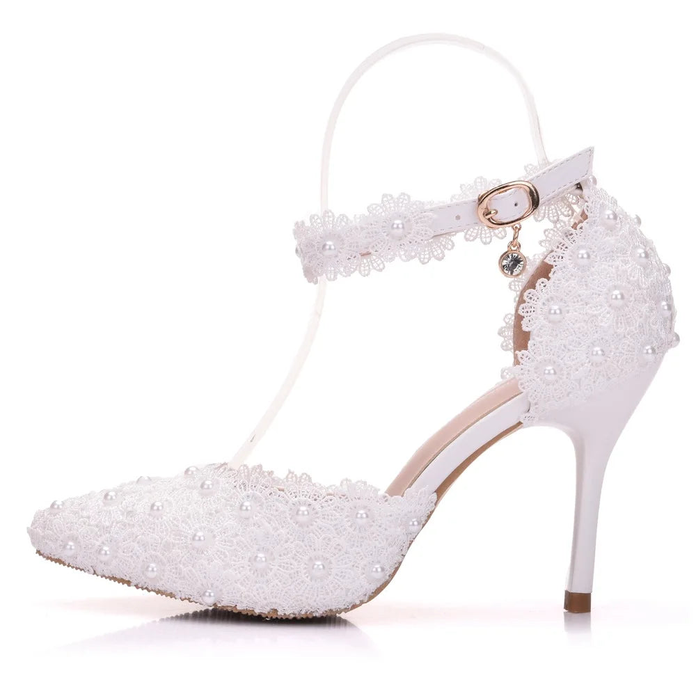 VougeVamp Women's Rhinestone Lace Wedding Heels – Elegant White Bridal Ankle Strap Pumps