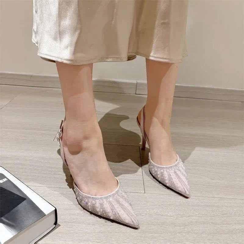 VougeVamp Women’s Crystal Pearl Pointed Toe Pumps – Elegant Slingback Heels for Weddings and Parties