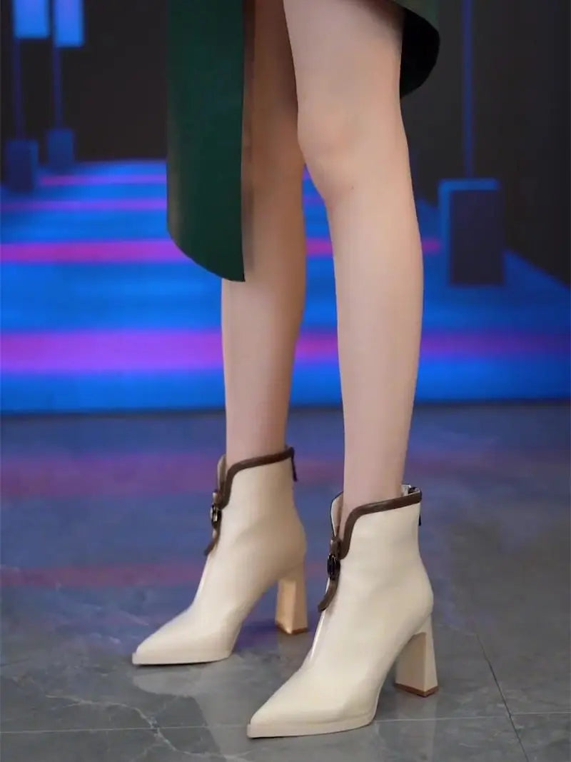 VougeVamp Leather High-Heeled Ankle Boots – Pointed Toe Winter Booties with Back Zip - VougeVampUK