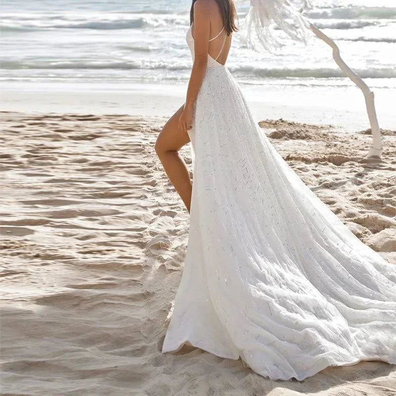 VougeVamp Sexy Bridal Wedding Dress - Single Shoulder Sleeveless Irregular Split White Evening Gown - VougeVampUK