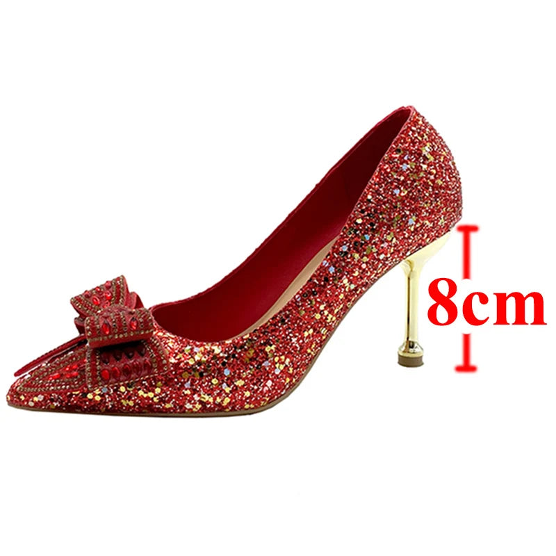 VougeVamp Handmade Crystal Bow Bridal Pumps – Glitter High Heels for Weddings & Parties