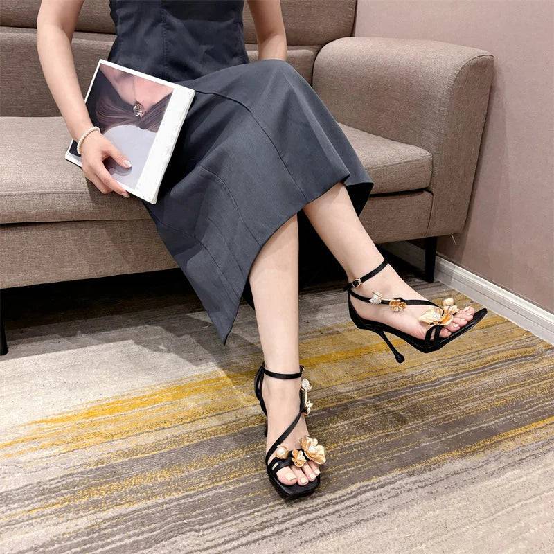 VougeVamp Gold Metal Flower Gladiator Sandals - Square Toe High Heel Party Shoes for Women