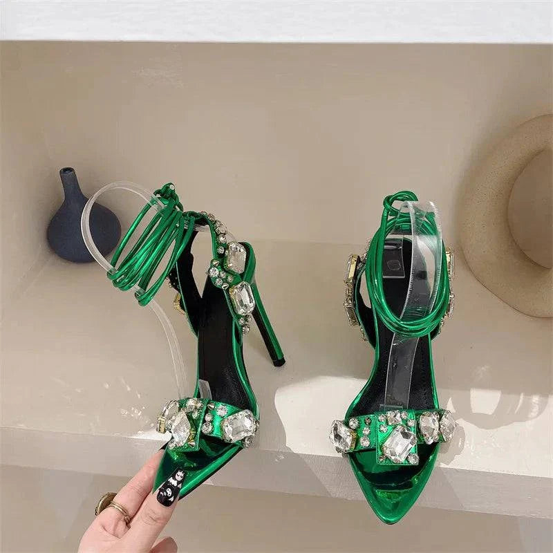 VougeVamp Green Crystal Cross-Strap Sandals - Pointed Toe High Heel Wedding Shoes for Women