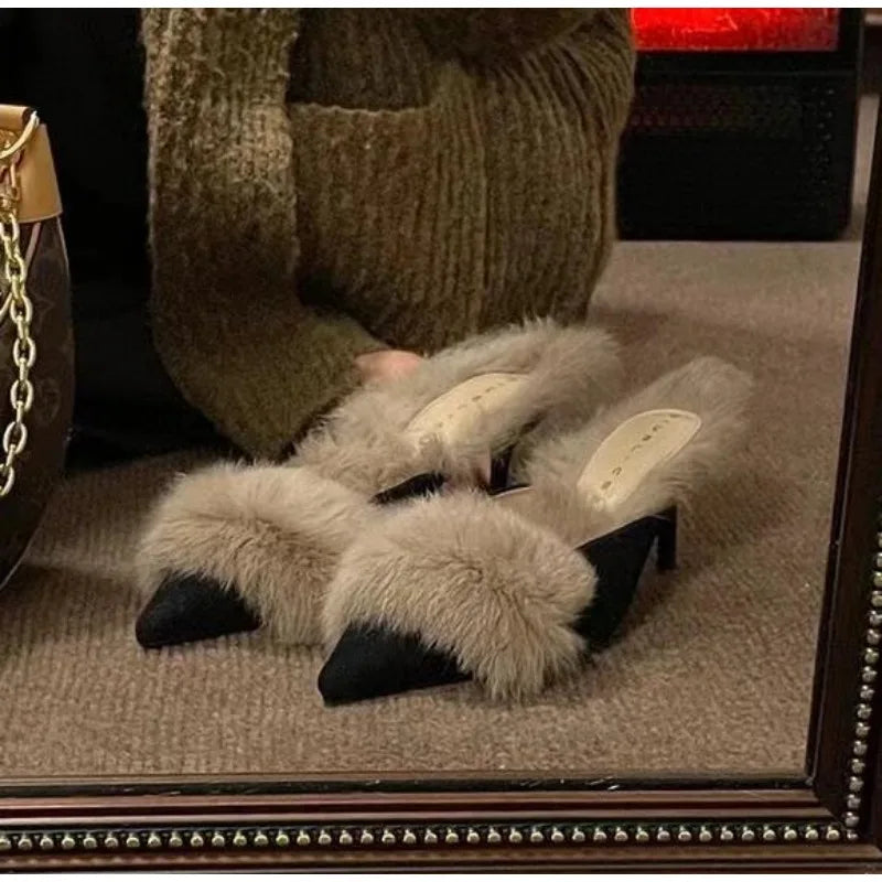 VougeVamp Women's Pointed Toe Fur Mules – Elegant High Heel Slippers for Office & Fashion Wear